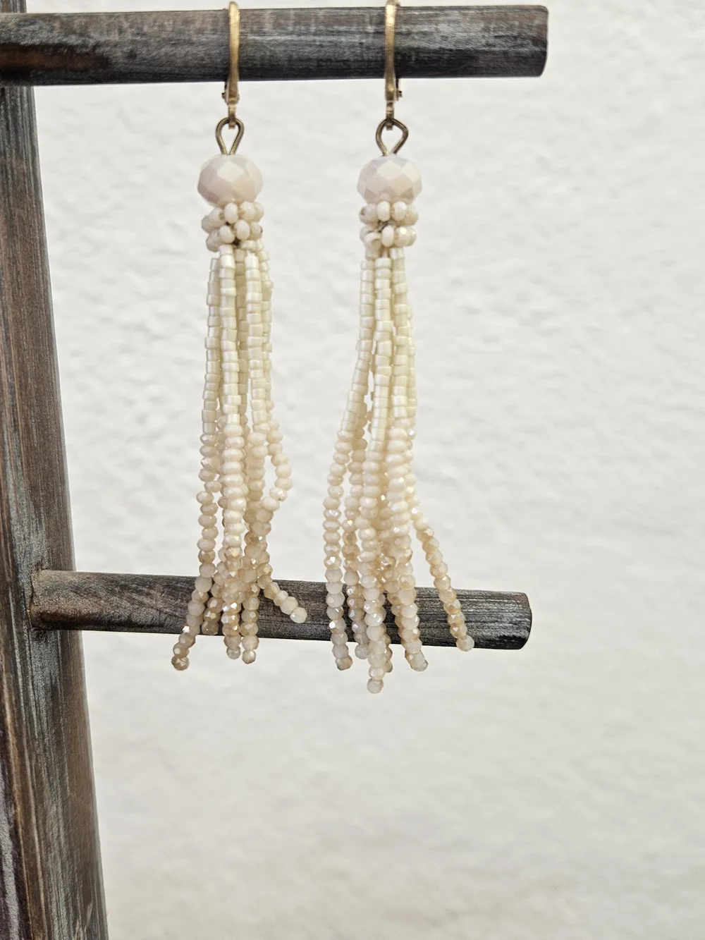 Handmade Cream Beaded Tassel Earrings - Unbranded